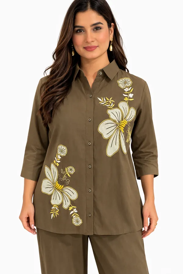 Olive_Brown_Linen_Cotton_Floral_Embroidered_Kurta_Pant_Co-Ord_Set_For_Women