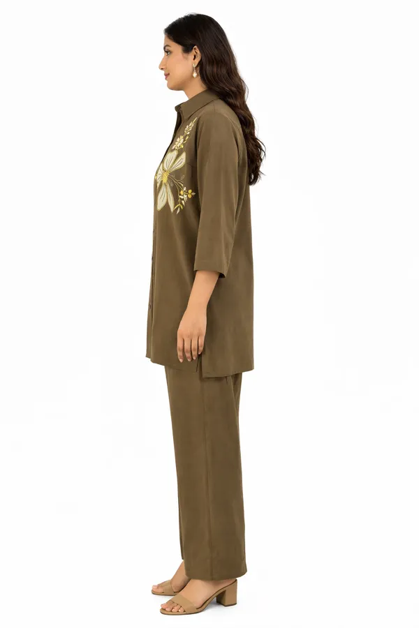 Olive_Brown_Linen_Cotton_Floral_Embroidered_Kurta_Pant_Co-Ord_Set_For_Women