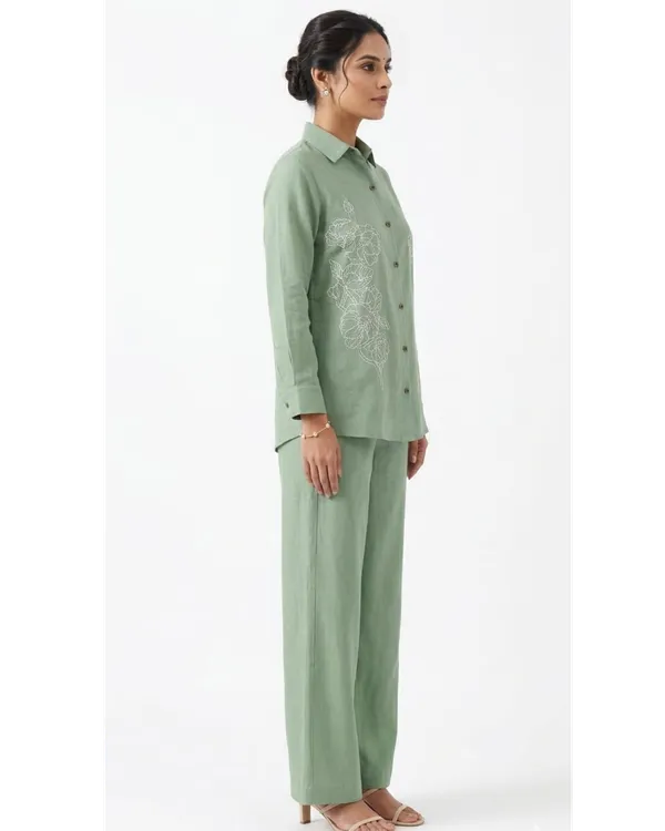 Sage_Green_Linen_Cotton_Floral_Embroidered_Shirt_Pant_Co-Ord_Set_For_Women