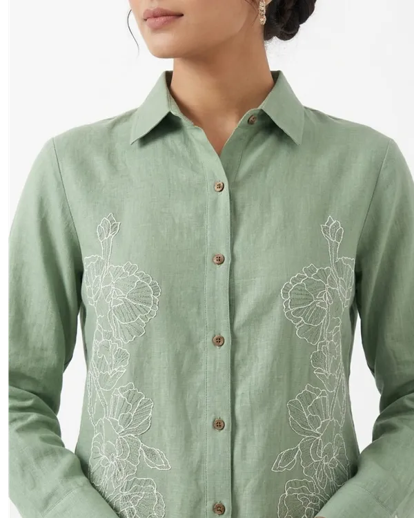 Sage_Green_Linen_Cotton_Floral_Embroidered_Shirt_Pant_Co-Ord_Set_For_Women
