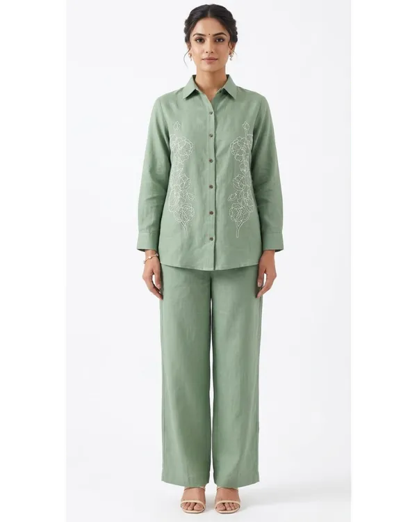 Sage_Green_Linen_Cotton_Floral_Embroidered_Shirt_Pant_Co-Ord_Set_For_Women