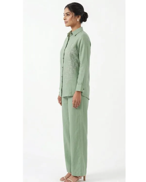 Sage_Green_Linen_Cotton_Floral_Embroidered_Shirt_Pant_Co-Ord_Set_For_Women