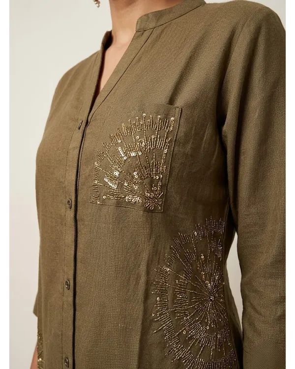 Olive_Linen_Cotton_Floral_Embroidered_Kurta_Pant_Co-Ord_Set_For_Women
