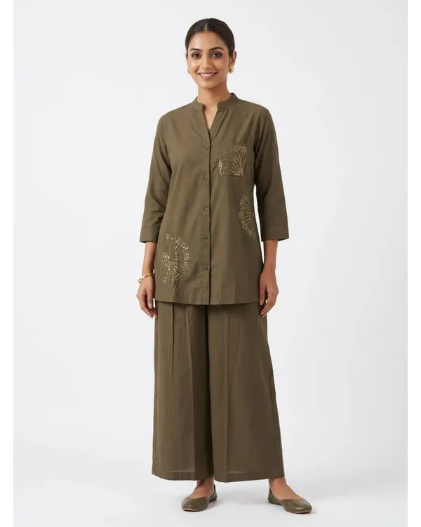 Olive_Linen_Cotton_Floral_Embroidered_Kurta_Pant_Co-Ord_Set_For_Women