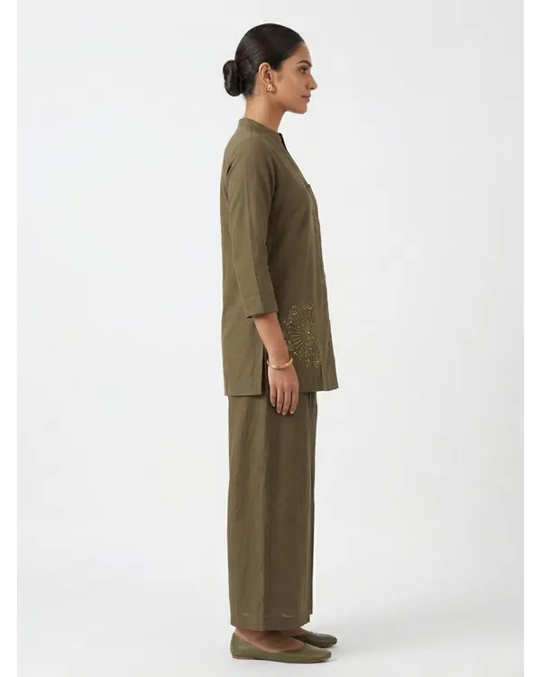 Olive_Linen_Cotton_Floral_Embroidered_Kurta_Pant_Co-Ord_Set_For_Women