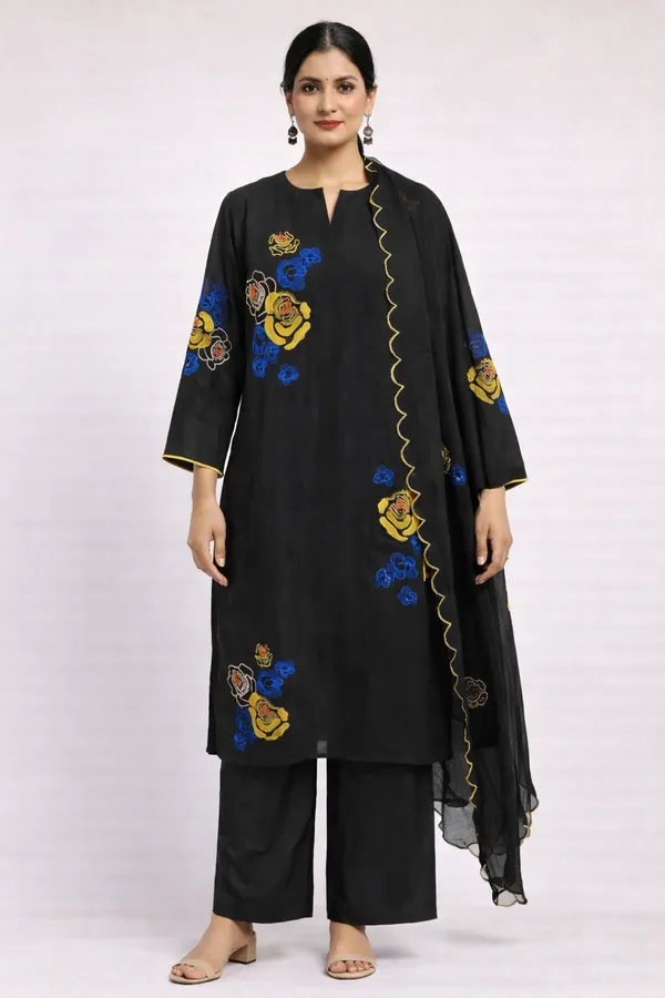 Black_Mal_Chanderi_Floral_Embroidered_Straight_Kurta_Set_With_Dupatta_For_Women