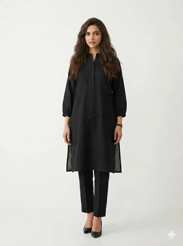 Black_Cotton_Floral_Embroidered_Kurta_Pant_Co-Ord_Set_For_Women