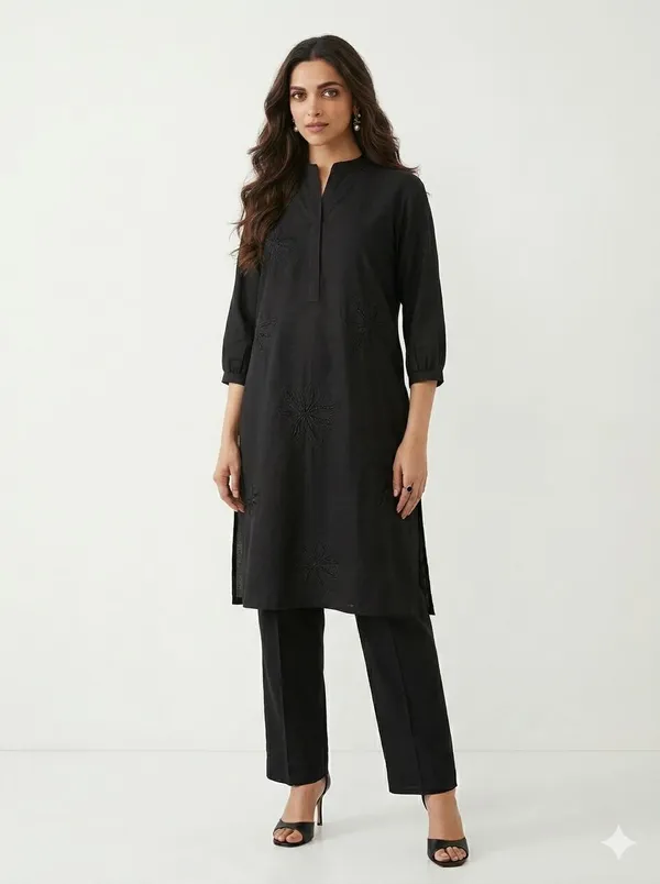 Black_Cotton_Floral_Embroidered_Kurta_Pant_Co-Ord_Set_For_Women