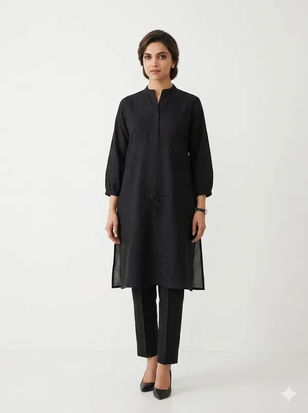 Black_Cotton_Floral_Embroidered_Kurta_Pant_Co-Ord_Set_For_Women