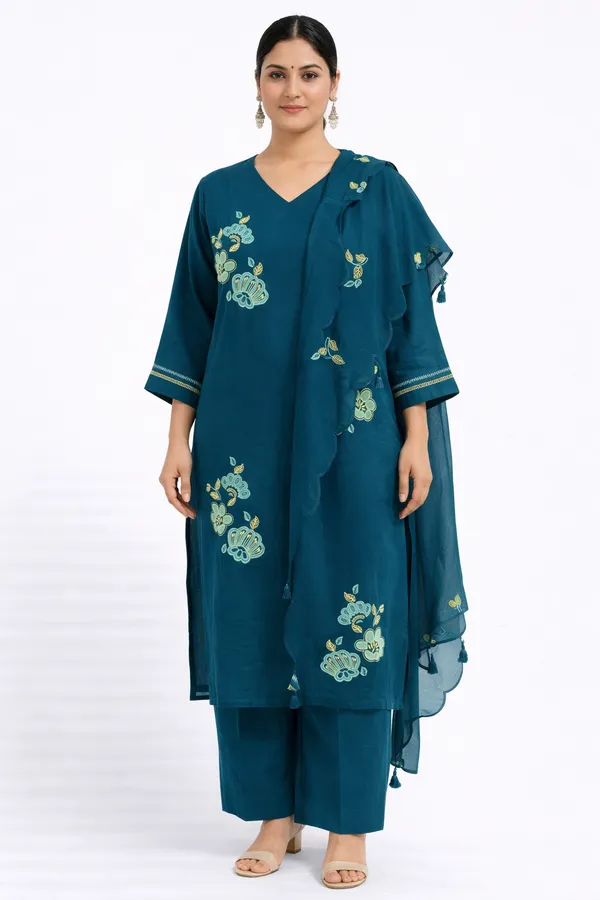 Teal_Blue_Mal_Chanderi_Floral_Embroidered_V-Neck_Kurta_Set_For_Women