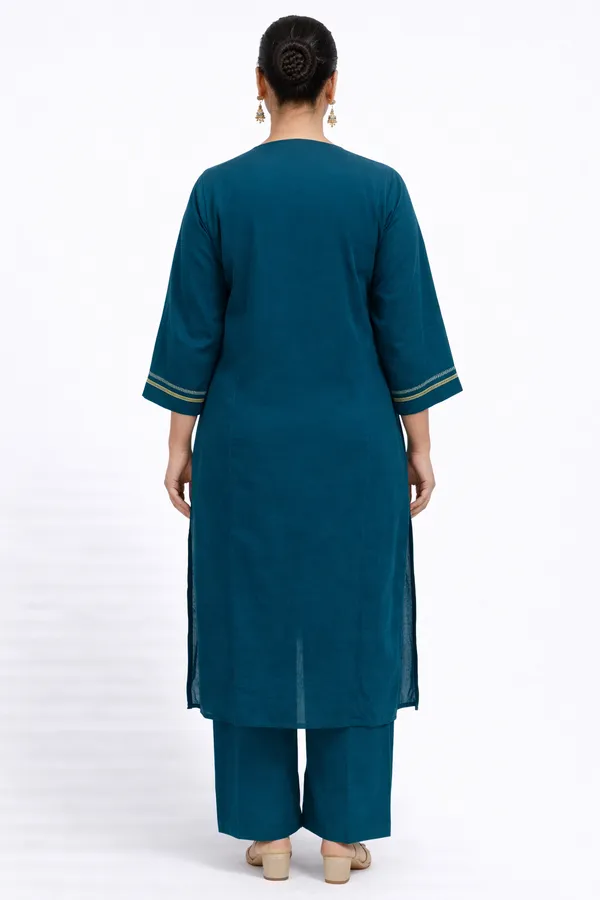 Teal_Blue_Mal_Chanderi_Floral_Embroidered_V-Neck_Kurta_Set_For_Women