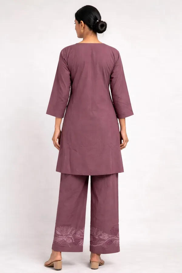 Mauve_Linen_Cotton_Floral_Embroidered_Kurta_Pant_Co-Ord_Set_For_Women