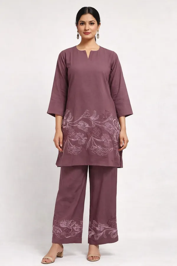 Mauve_Linen_Cotton_Floral_Embroidered_Kurta_Pant_Co-Ord_Set_For_Women