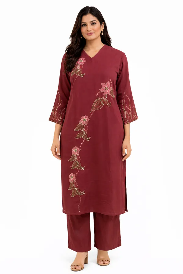 Cherry_Red_Mal_Chanderi_Floral_Embroidered_Kurta_Set_With_Dupatta_For_Women
