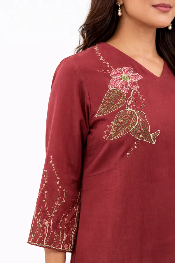 Cherry_Red_Mal_Chanderi_Floral_Embroidered_Kurta_Set_With_Dupatta_For_Women
