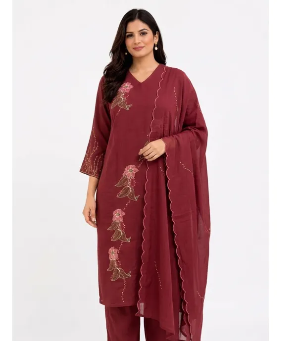 Cherry_Red_Mal_Chanderi_Floral_Embroidered_Kurta_Set_With_Dupatta_For_Women