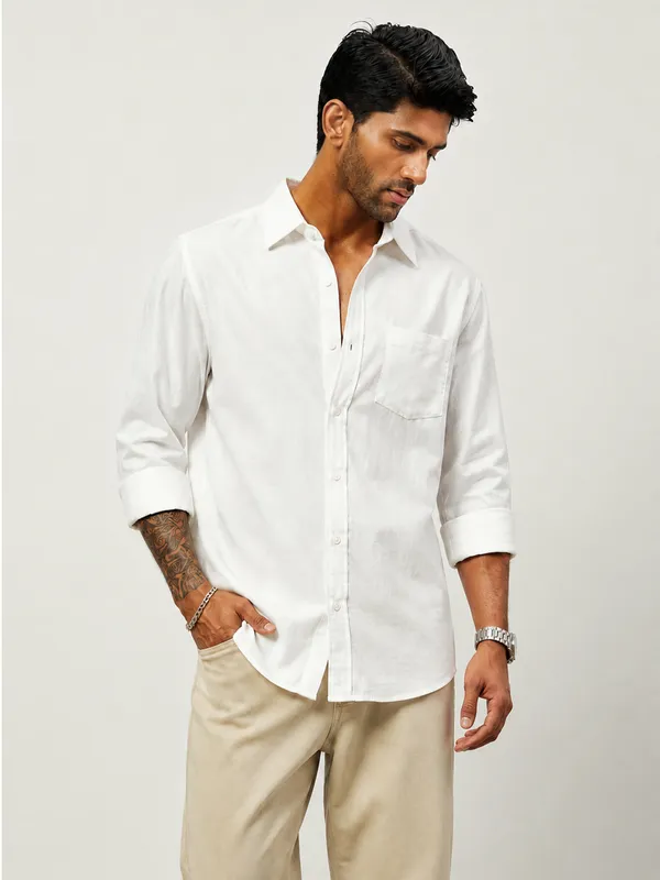 White_Cotton_Relaxed_Fit_Full_Sleeve_Shirt_For_Men