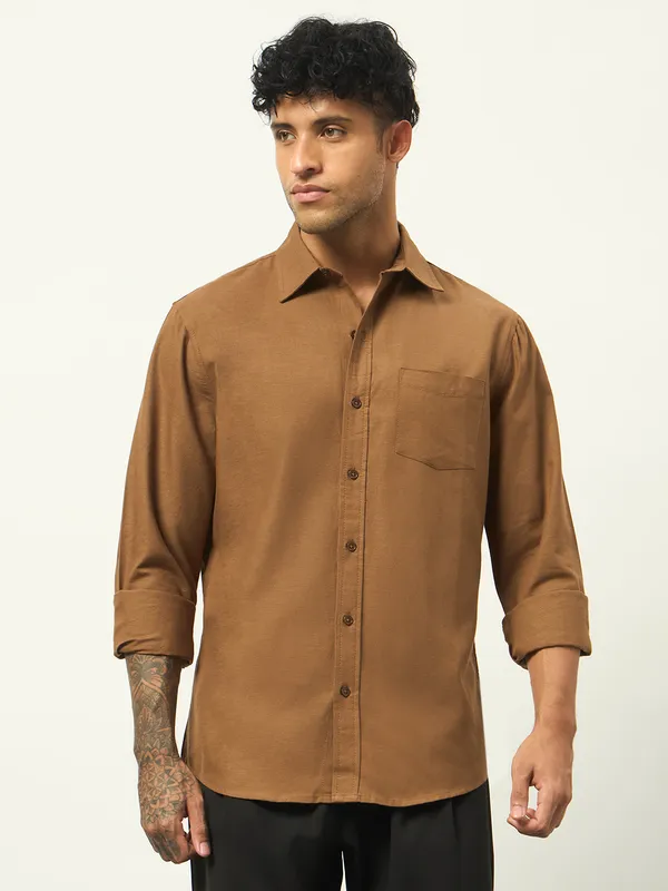 Tan_Cotton_Regular_Fit_Full_Sleeve_Shirt_For_Men