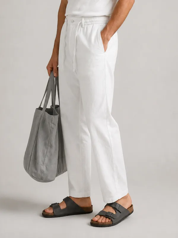 White_Linen_Relaxed_Fit_Drawstring_Trousers_For_Men