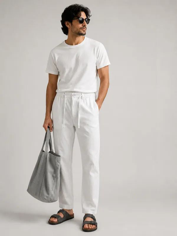 White_Linen_Relaxed_Fit_Drawstring_Trousers_For_Men