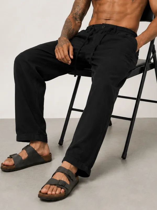 Black_Linen_Blend_Relaxed_Fit_Drawstring_Trousers_For_Men