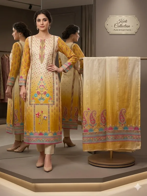 Yellow_And_Cream_Kurta_With_Dupatta_Silk_Buti_For_Women