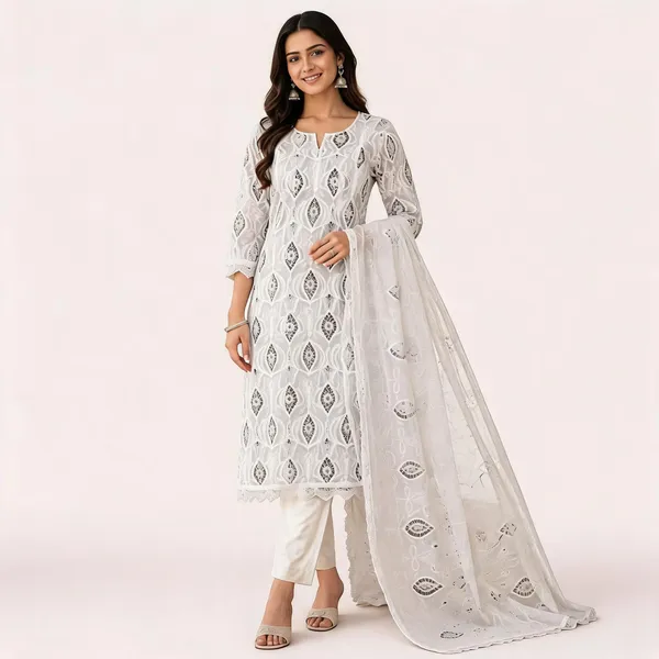 White_Kurta_Set_Cotton_Cut_Work_For_Women