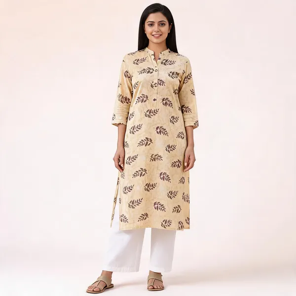 Beige_Kurta_Rayon_Foil_For_Women