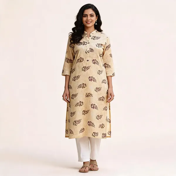 Beige_Kurta_Rayon_Foil_For_Women