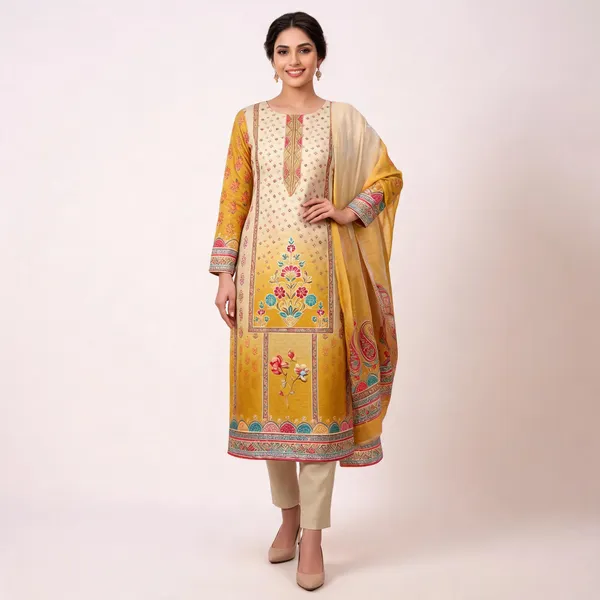 Yellow_And_Cream_Kurta_With_Dupatta_Silk_Buti_For_Women