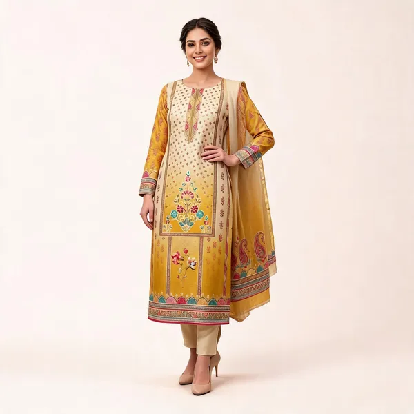Yellow_And_Cream_Kurta_With_Dupatta_Silk_Buti_For_Women