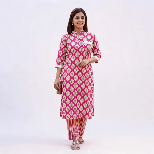 Pink_Kurta_With_Pant_Set_Muslin_Print_For_Women