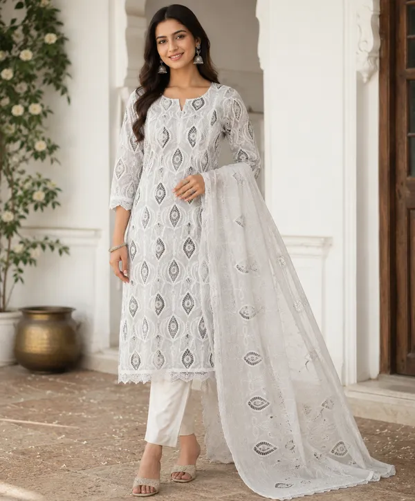 White_Kurta_Set_Cotton_Cut_Work_For_Women