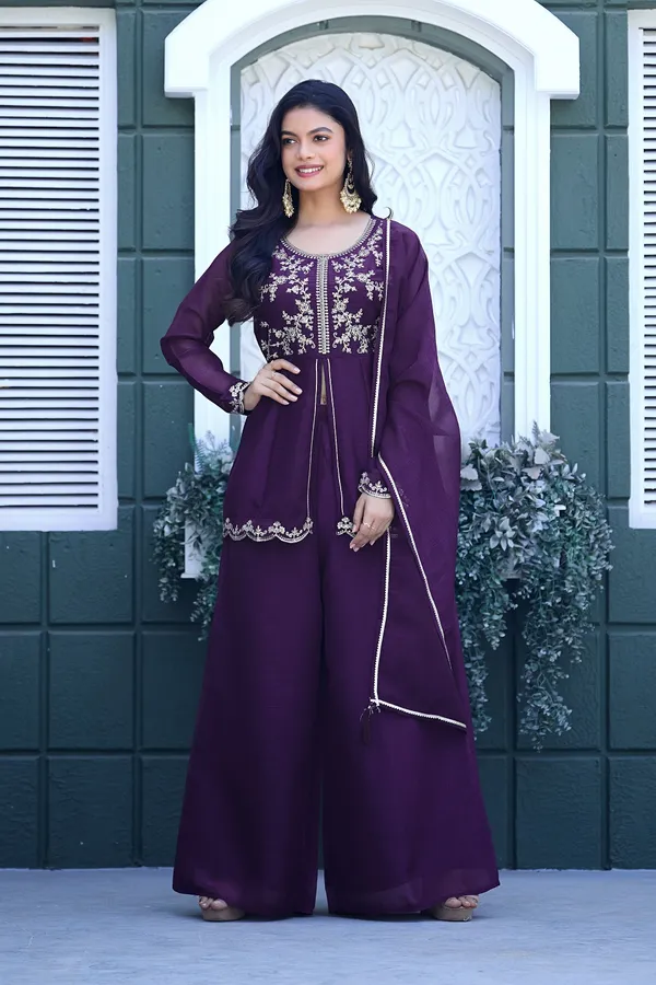 Women_Ethnic_Motifs_Embroidered_Empire_Thread_Work_Pure_Silk_Kurti_With_Palazzos_&_Dupatta