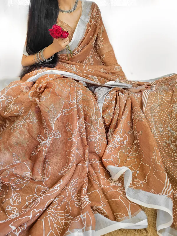 Rust_Brown_Pure_Linen_Saree_with_White_Floral_Motifs_and_Tassel_Detailing