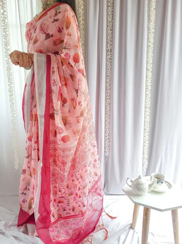 Blush_Pink_Handwoven_Linen_Saree_with_Vibrant_Autumn_Motifs_&_Tassel_Detailing
