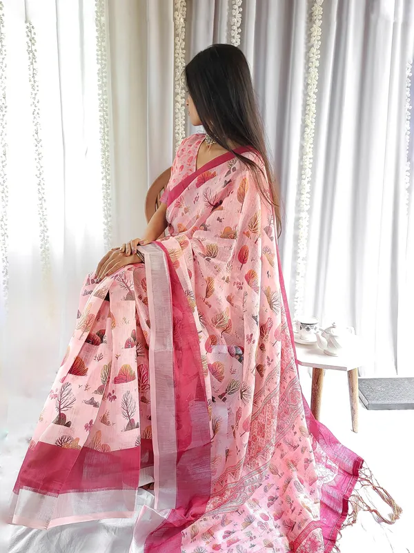 Blush_Pink_Handwoven_Linen_Saree_with_Vibrant_Autumn_Motifs_&_Tassel_Detailing