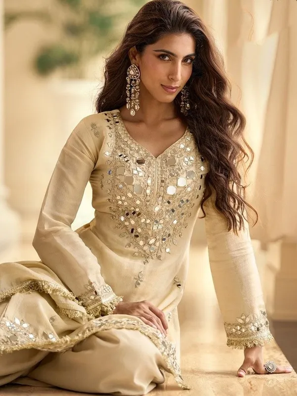 Beige_Crepe_Silk_Mirror_Embroidered_Kurti_Palazzo_Set_with_Dupatta_-_Beige_-_Free_Size
