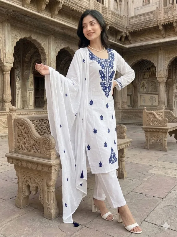 Embroidered_Round_Neck_Thread_Work_Cotton_Silk_Kurta_With_Trousers_&_Dupatta