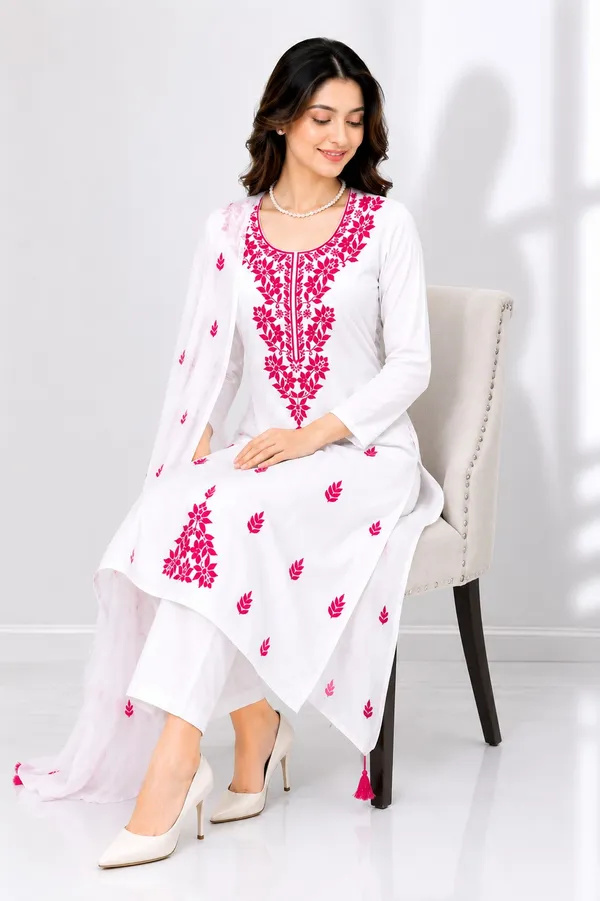 Embroidered_Round_Neck_Thread_Work_Cotton_Silk_Kurta_With_Trousers_&_Dupatta