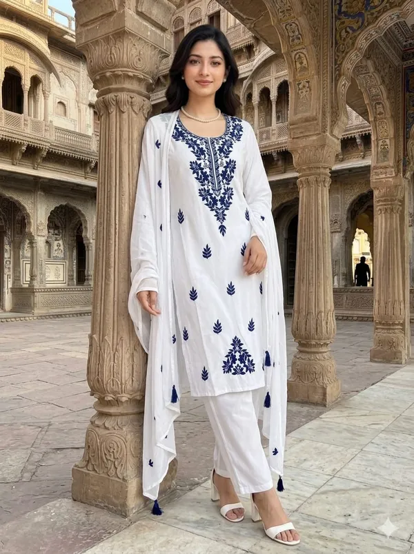 Embroidered_Round_Neck_Thread_Work_Cotton_Silk_Kurta_With_Trousers_&_Dupatta