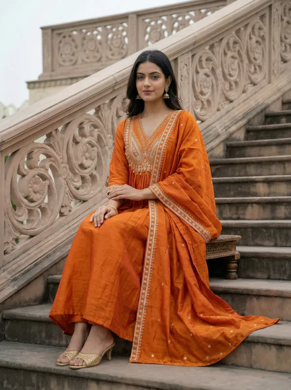 Embroidered_V-Neck_Kurta_&_Trousers_With_Dupatta