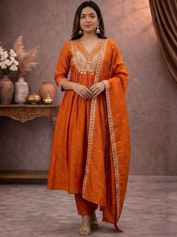 Embroidered_V-Neck_Kurta_&_Trousers_With_Dupatta