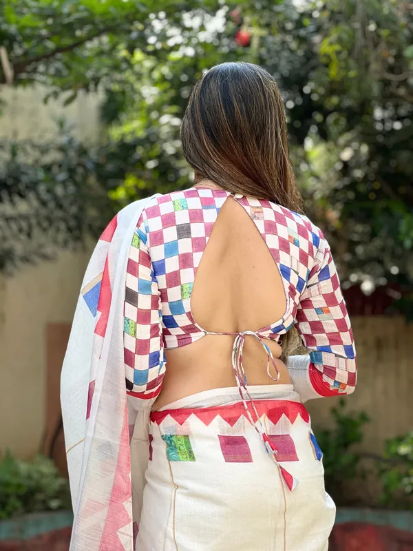 White_Pure_Cotton_Linen_Saree_with_Multicolor_Checkered_Design,_Blouse,_and_Tassel_Detailing