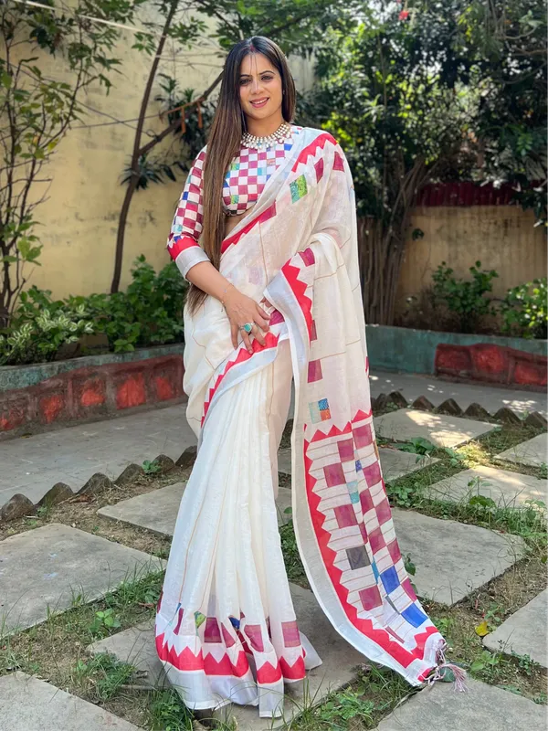 White_Pure_Cotton_Linen_Saree_with_Multicolor_Checkered_Design,_Blouse,_and_Tassel_Detailing