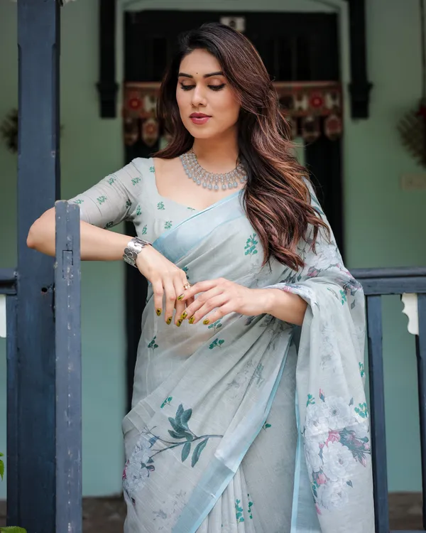 Pastel_Grey_Pure_Cotton_Linen_Saree_with_Floral_Print,_Blouse,_and_Tassel_Detailing