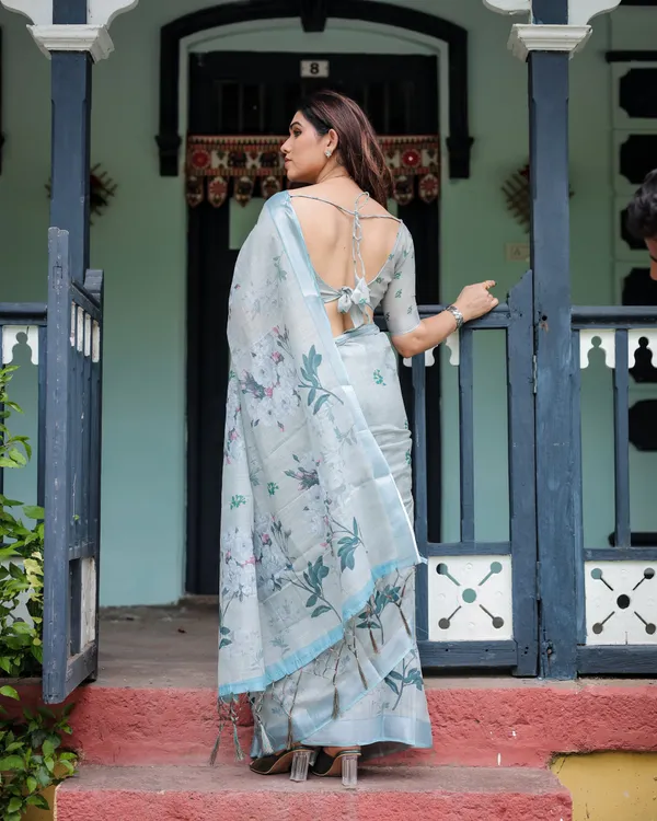 Pastel_Grey_Pure_Cotton_Linen_Saree_with_Floral_Print,_Blouse,_and_Tassel_Detailing