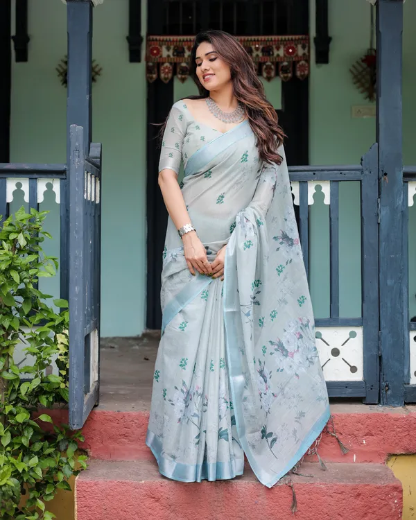 Pastel_Grey_Pure_Cotton_Linen_Saree_with_Floral_Print,_Blouse,_and_Tassel_Detailing