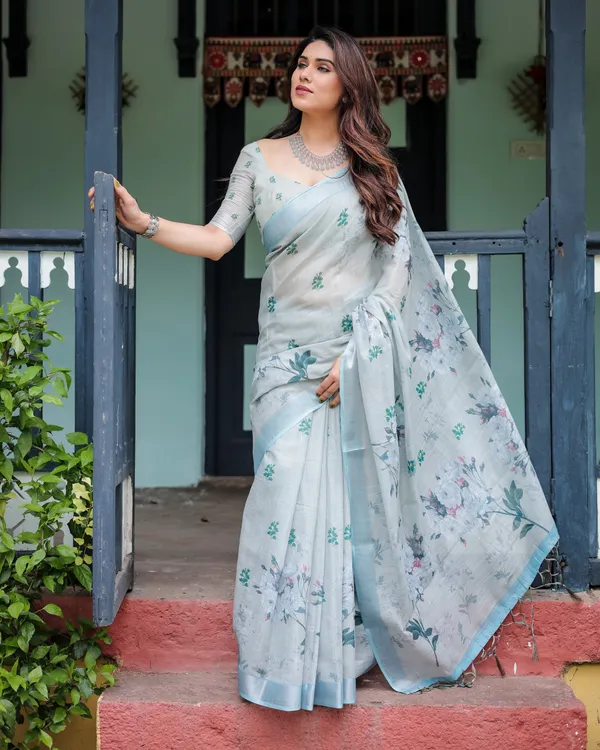Pastel_Grey_Pure_Cotton_Linen_Saree_with_Floral_Print,_Blouse,_and_Tassel_Detailing