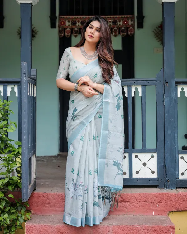 Pastel_Grey_Pure_Cotton_Linen_Saree_with_Floral_Print,_Blouse,_and_Tassel_Detailing